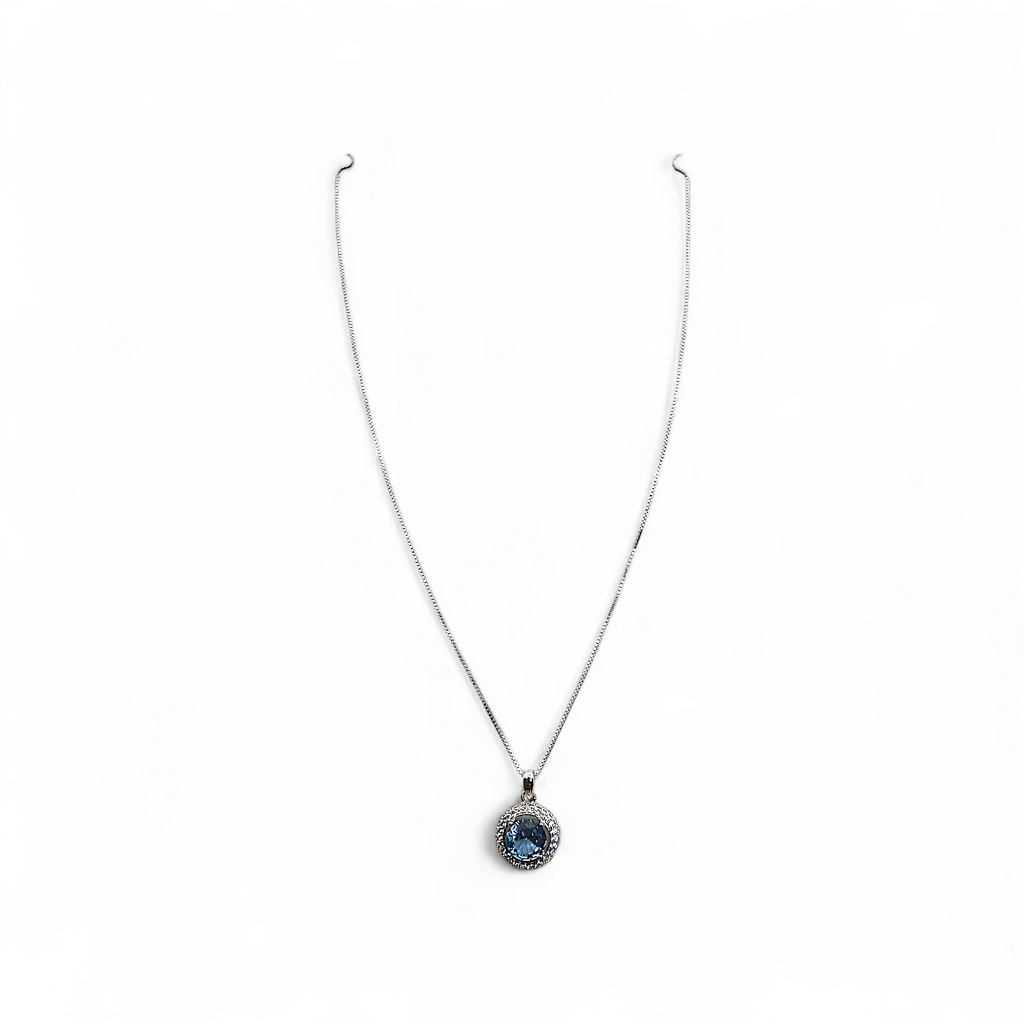 COLLANA CON PENDENTE IN ARGENTO 925 RODIATO, PUNTO LUCE AZZURRO CENTRALE DI 7MM