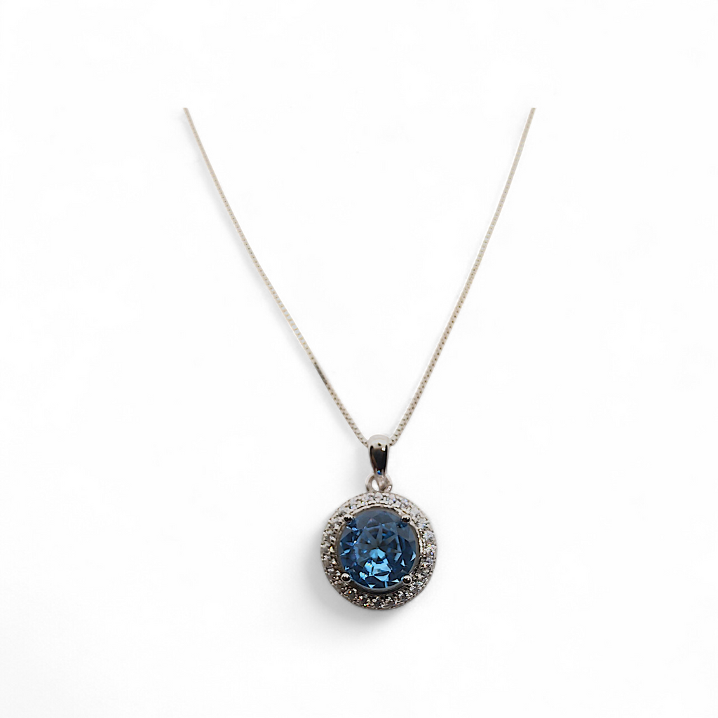 COLLANA CON PENDENTE IN ARGENTO 925 RODIATO, PUNTO LUCE AZZURRO CENTRALE DI 7MM