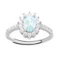 Anello Halo Solitario con Zircone Ovale colore Acquamarina e Zirconi Bianchi in ARGENTO 925 Galvanica Rodio