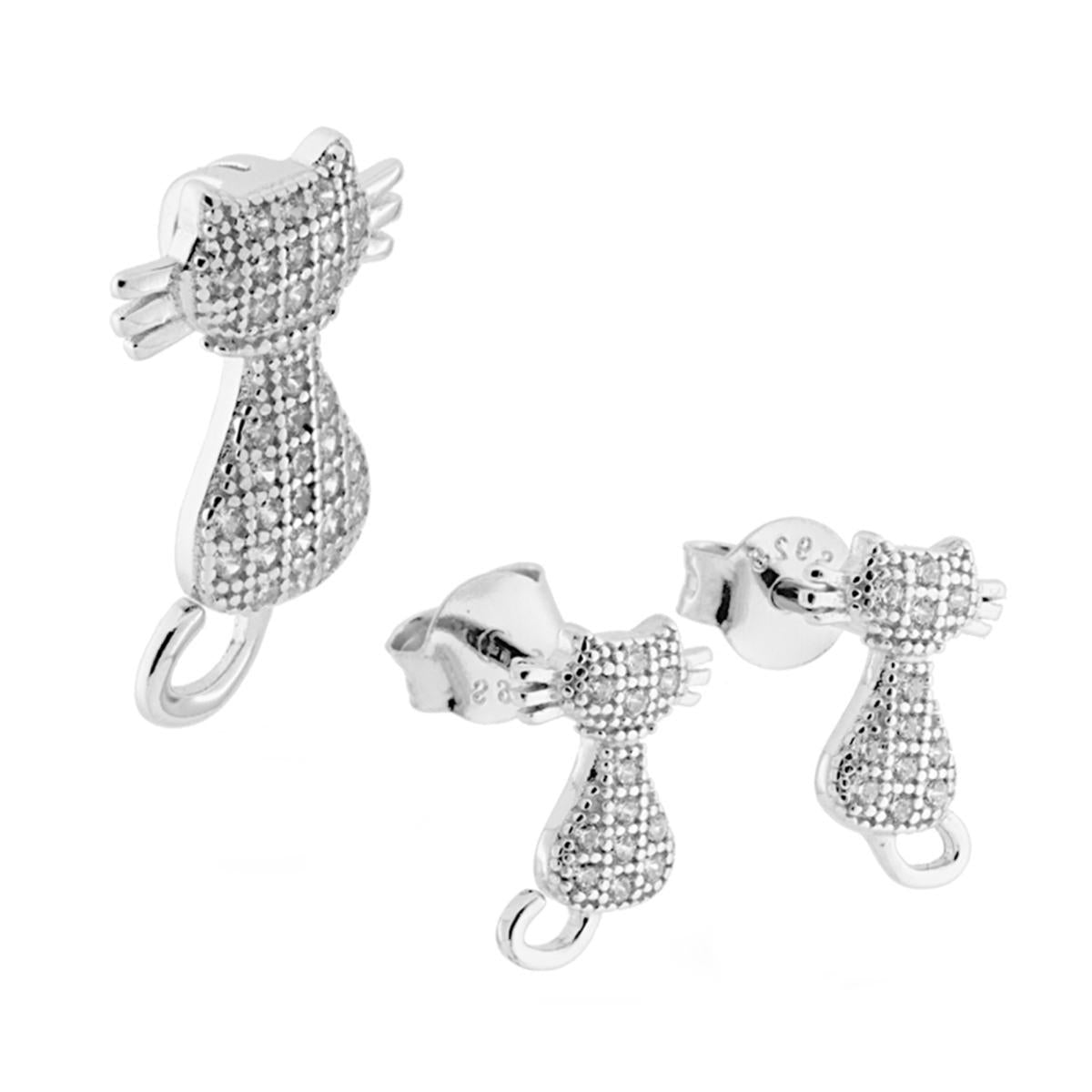 Parure Set Collana e Orecchini Gatto con Zirconi Bianco in ARGENTO 925 Galvanica Rodio