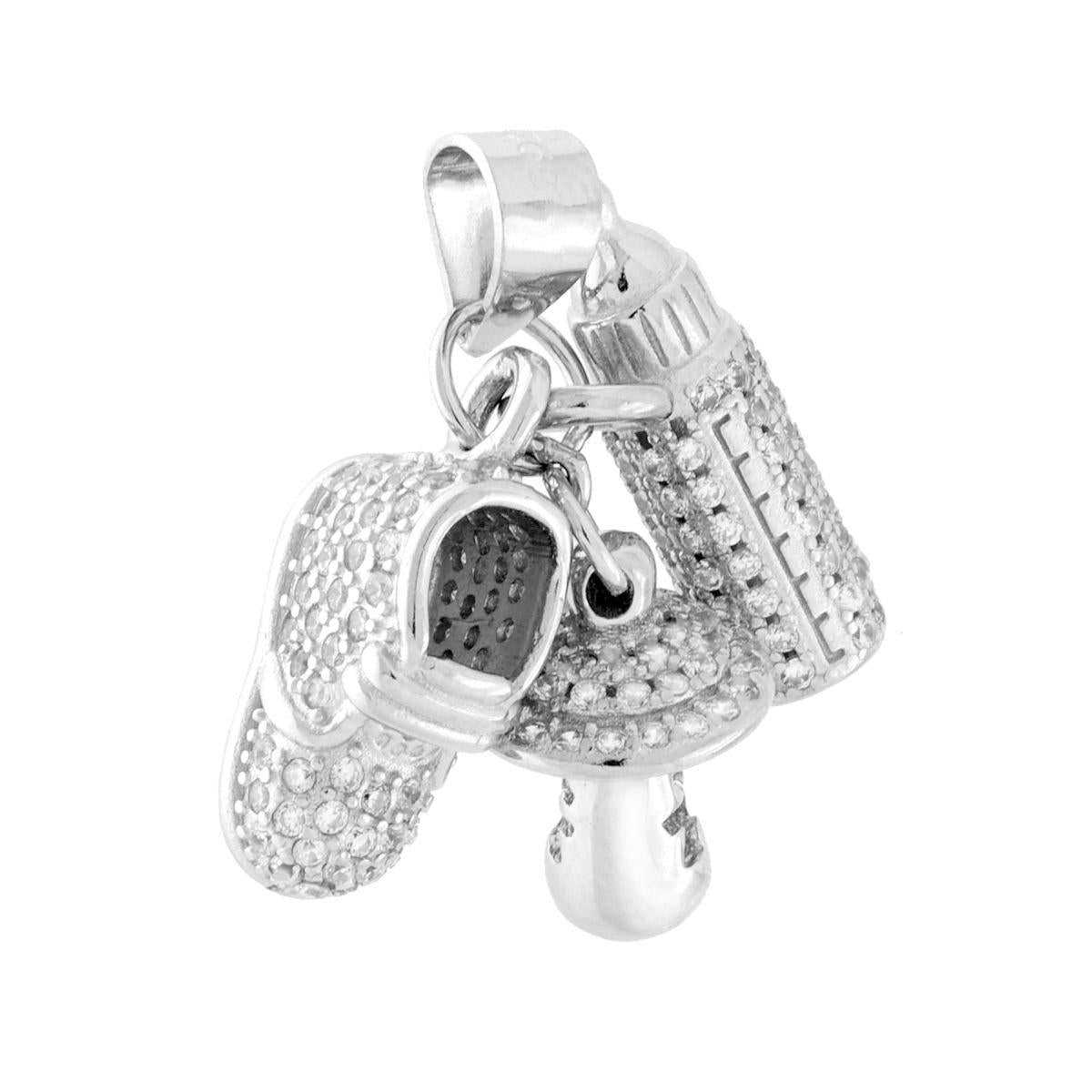 Ciondolo Nascita Bimbo Bimba Biberon Ciuccio e Scarpetta con Cubic Zirconia Bianchi in ARGENTO 925 Galvanica Rodio