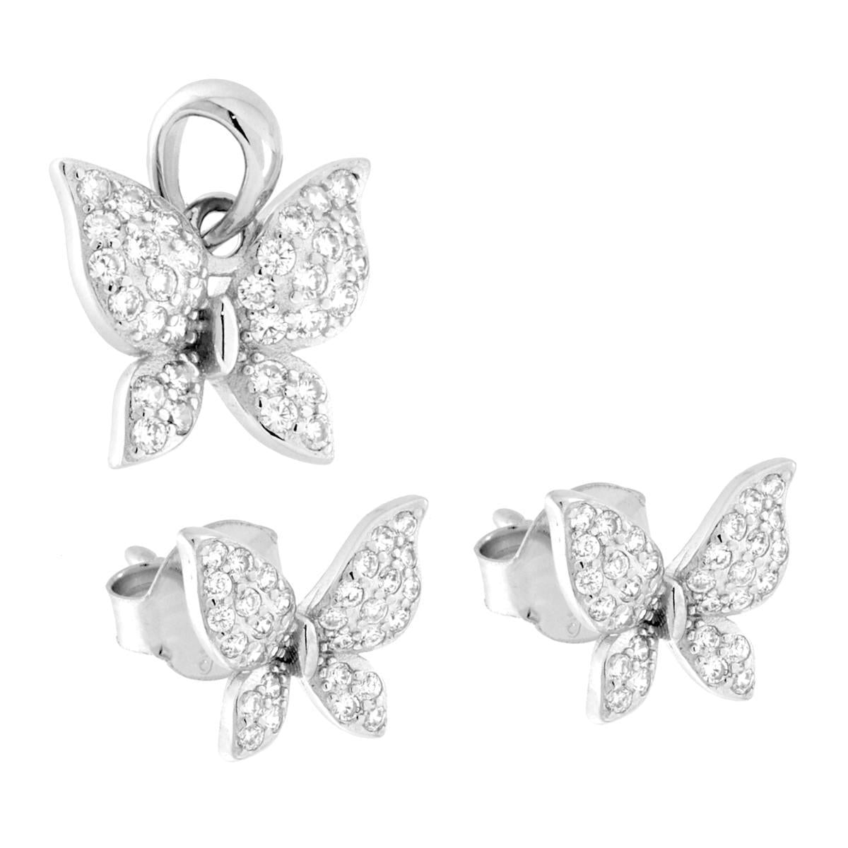 Parure Set Orecchini e Collana Farfalla con Cubic Zirconia Bianchi in ARGENTO 925 Galvanica Rodio