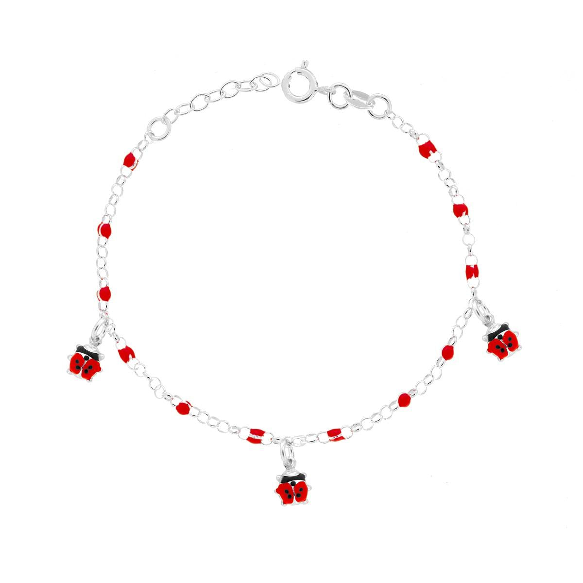 Bracciale Bimbo Bimba Catena Rolo con Palline e Coccinelle con Smalto Rosso in ARGENTO 925