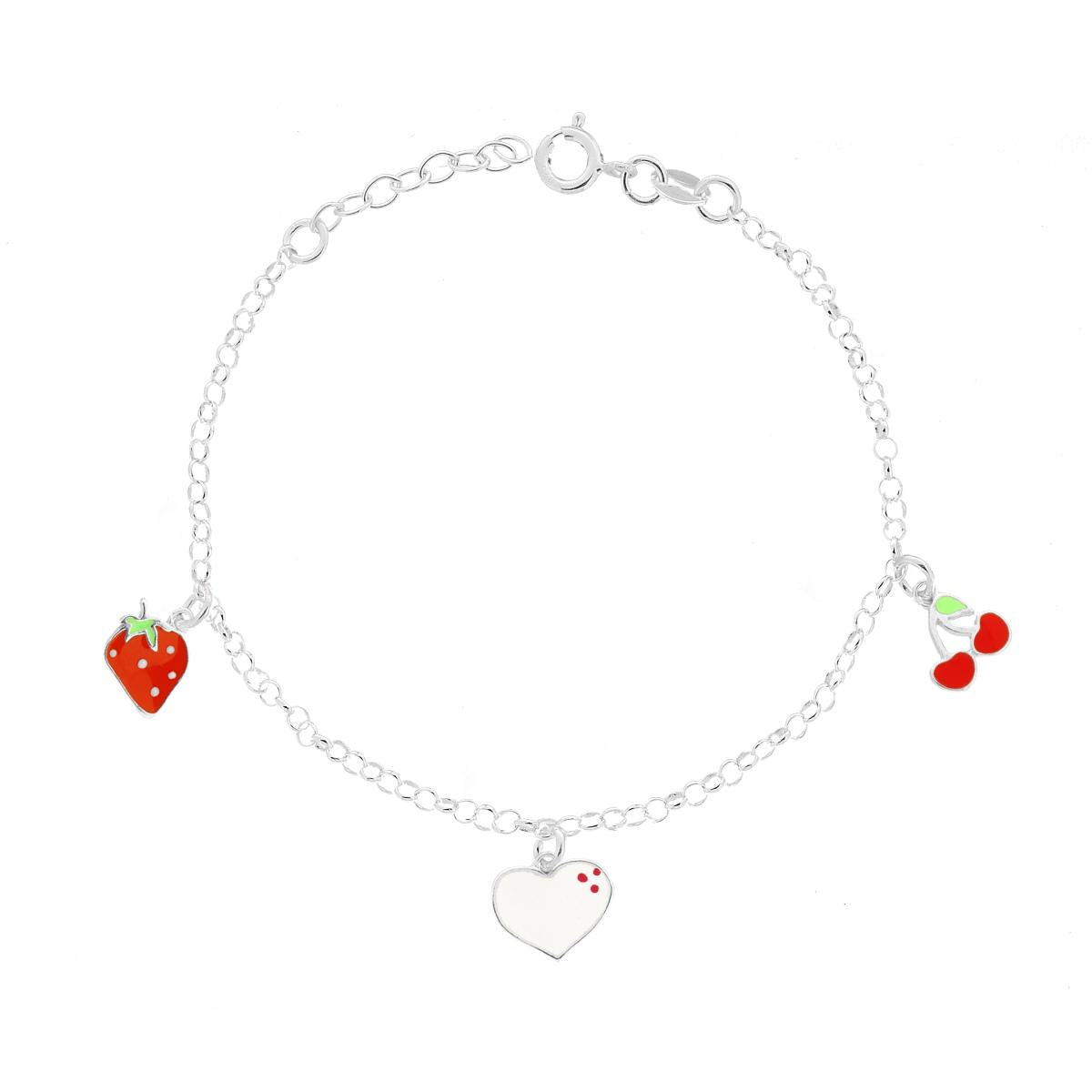 Bracciale Bimbo Bimba Catena Rolo con Fragola Cuore e Ciliegie con Smalto Bianco e Rosso in ARGENTO 925