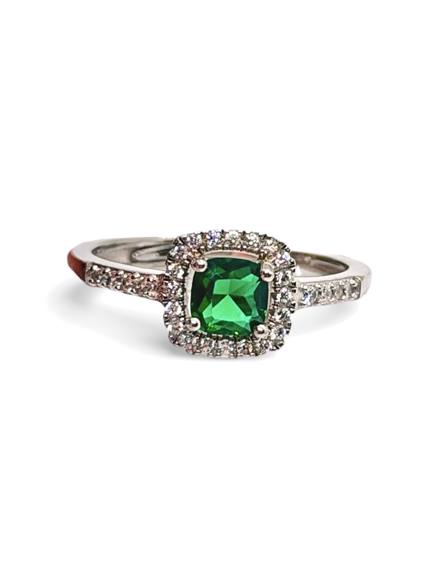 Anello Halo Solitario con Zircone cuscino verde esmeraldo contornato con Zirconi Bianchi in ARGENTO 925 Galvanica Rodio