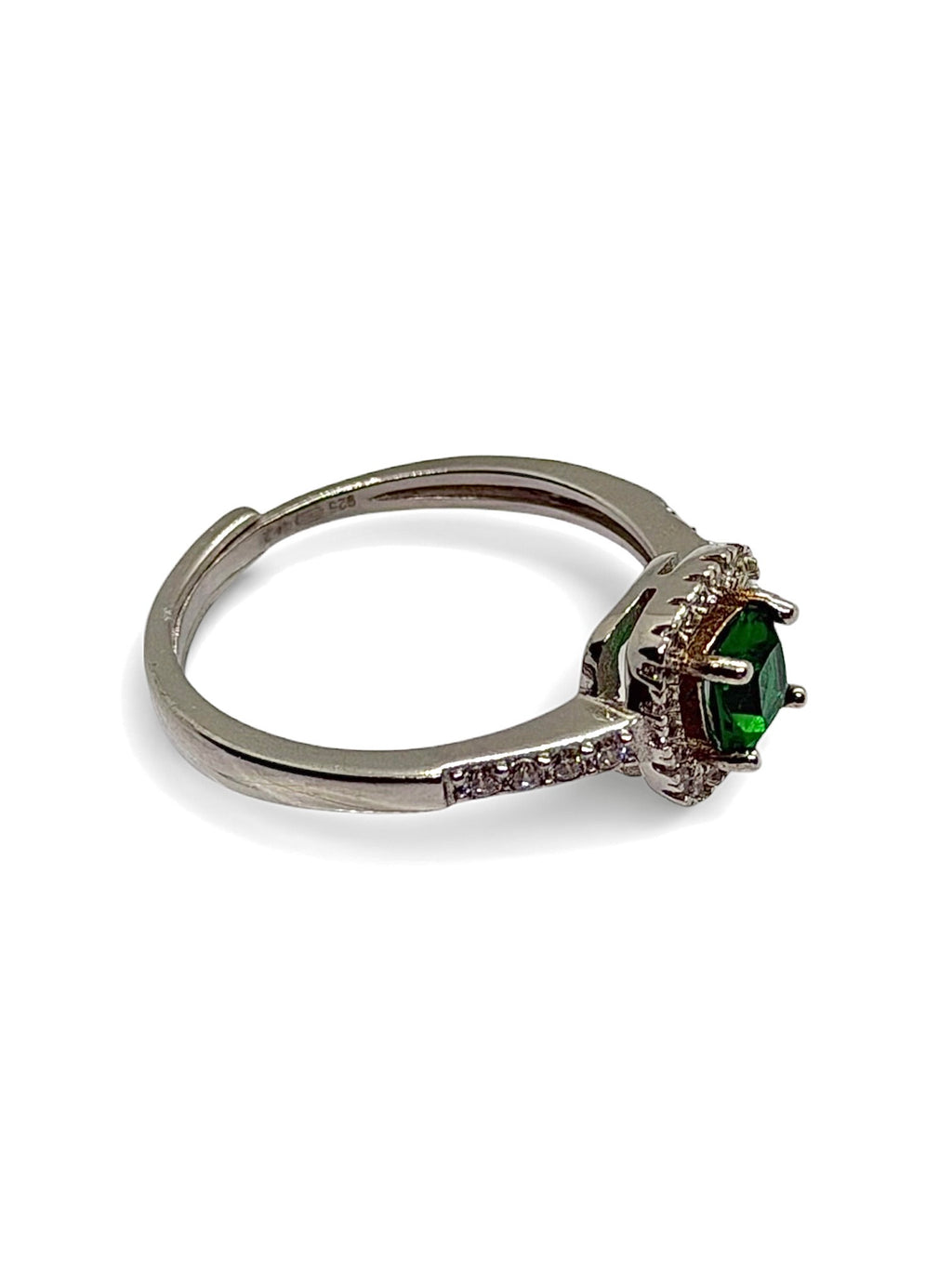 Anello Halo Solitario con Zircone cuscino verde esmeraldo contornato con Zirconi Bianchi in ARGENTO 925 Galvanica Rodio