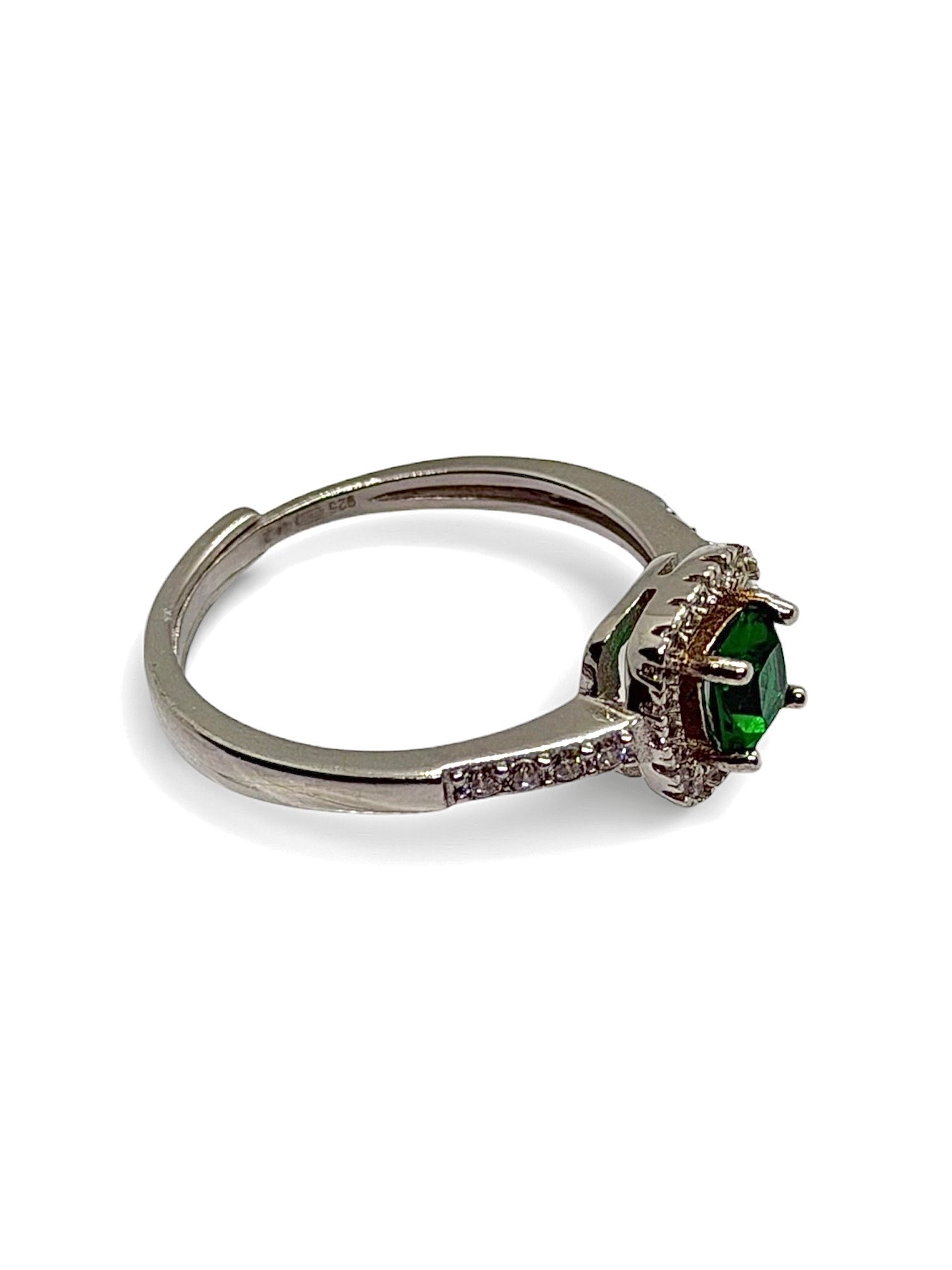 Anello Halo Solitario con Zircone cuscino verde esmeraldo contornato con Zirconi Bianchi in ARGENTO 925 Galvanica Rodio