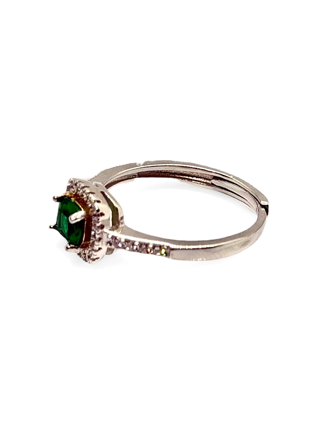 Anello Halo Solitario con Zircone cuscino verde esmeraldo contornato con Zirconi Bianchi in ARGENTO 925 Galvanica Rodio