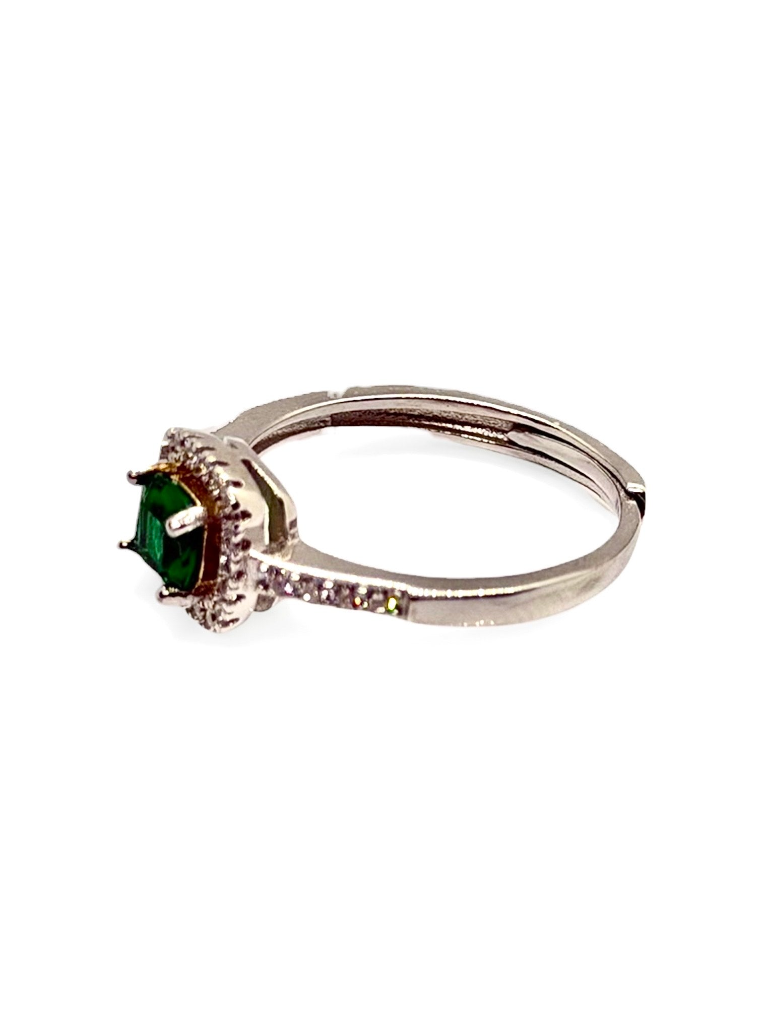Anello Halo Solitario con Zircone cuscino verde esmeraldo contornato con Zirconi Bianchi in ARGENTO 925 Galvanica Rodio
